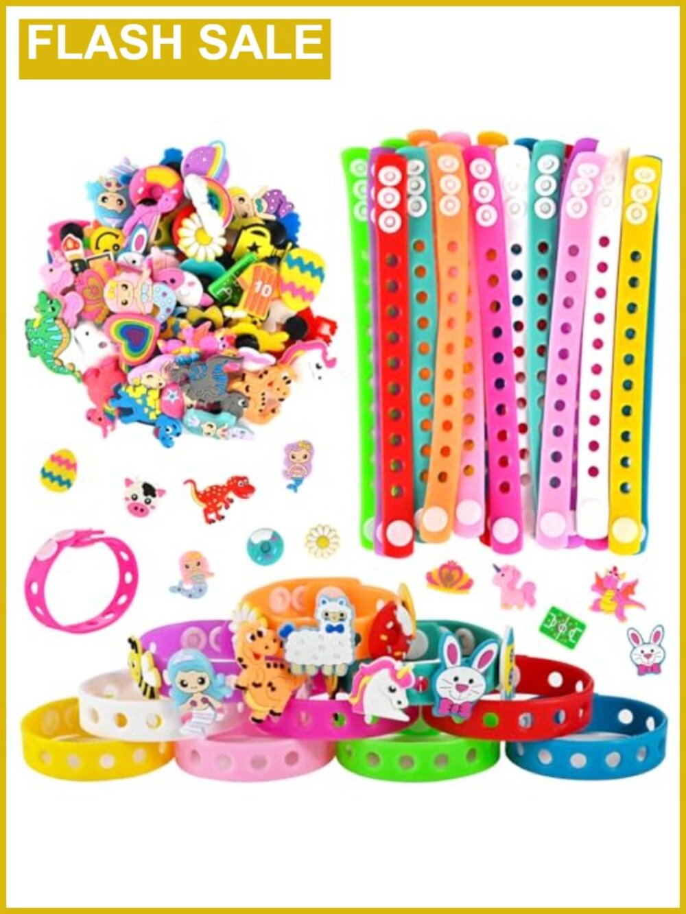 20 Pc Silicone Charm Bracelets with 50 Charms DIY Party Favors Kids Craft